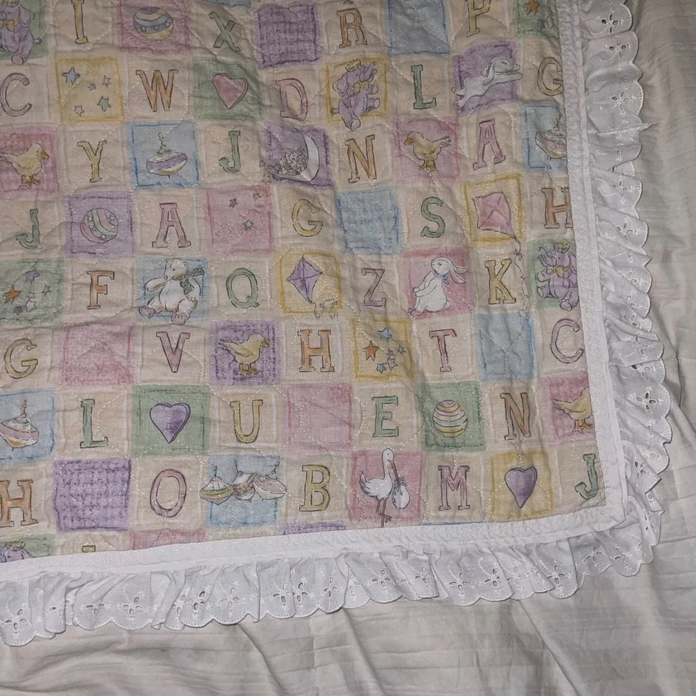 Vintage Pastel Baby Quilt Crib Blanket ABC‎ Blocks Animals Lace Trim Reversible